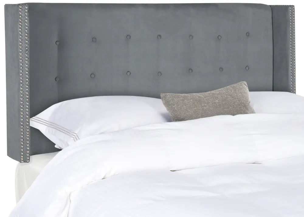 Keegan Grey Velvet Tufted Winged  Headboard   Silver Nail Head