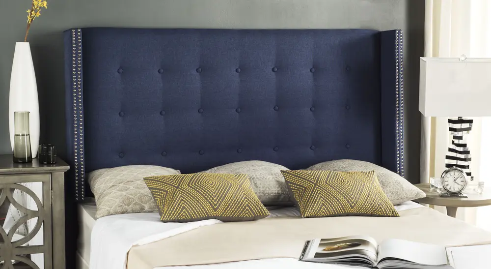 Keegan Navy Linen Tufted Winged  Headboard   Silver Nail Head