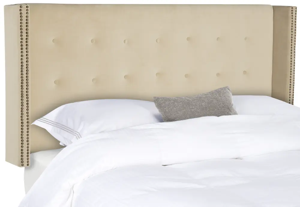 Keegan Buckwheat Velvet Tufted Winged Headboard   Brass Nail Head