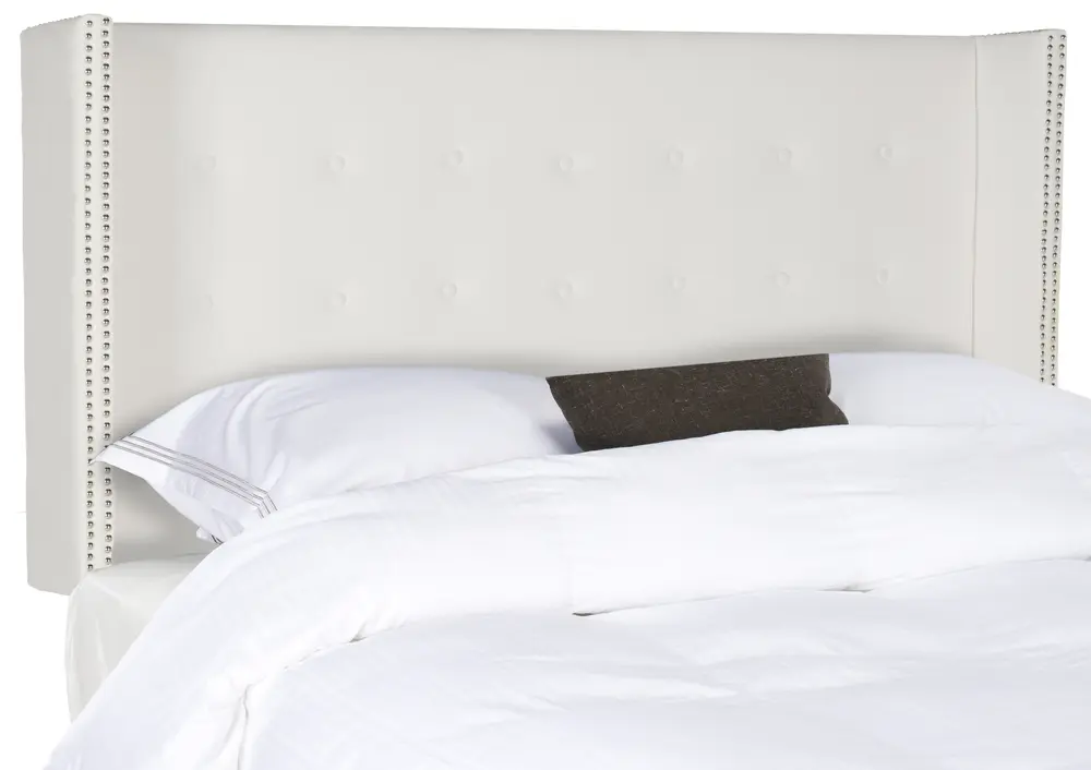 Keegan White Velvet Tufted  Winged Headboard   Silver Nail Head