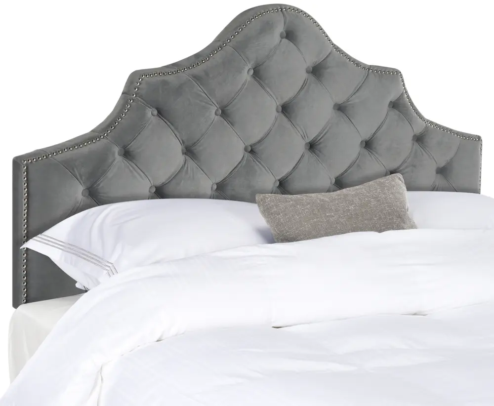 Arebelle Pewter Velvet Tufted Headboard   Silver Nail Head