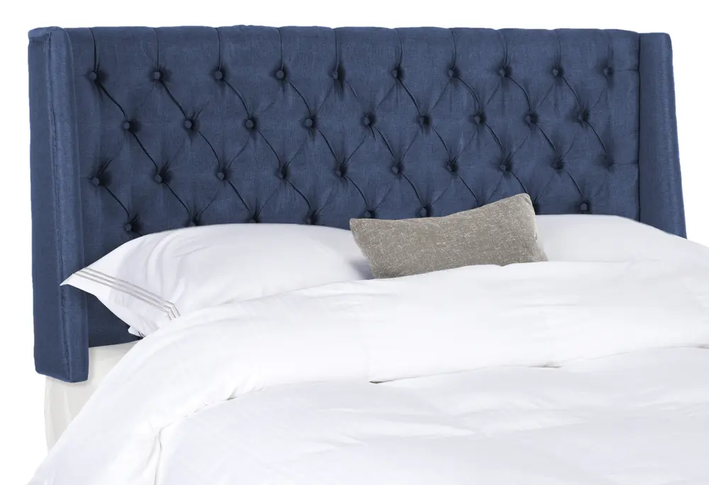 London Navy Linen Tufted Winged Headboard   Flat Nail Heads