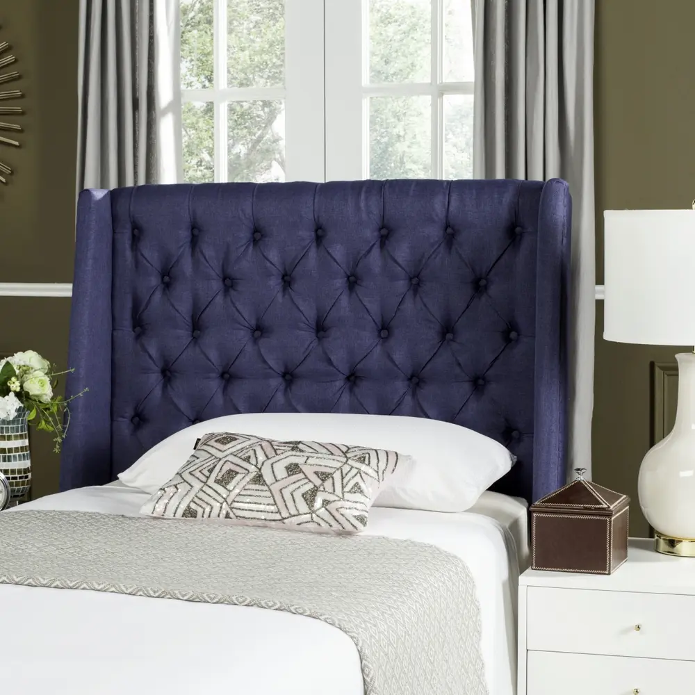 London Navy Linen Tufted Winged Headboard Flat Nail Heads