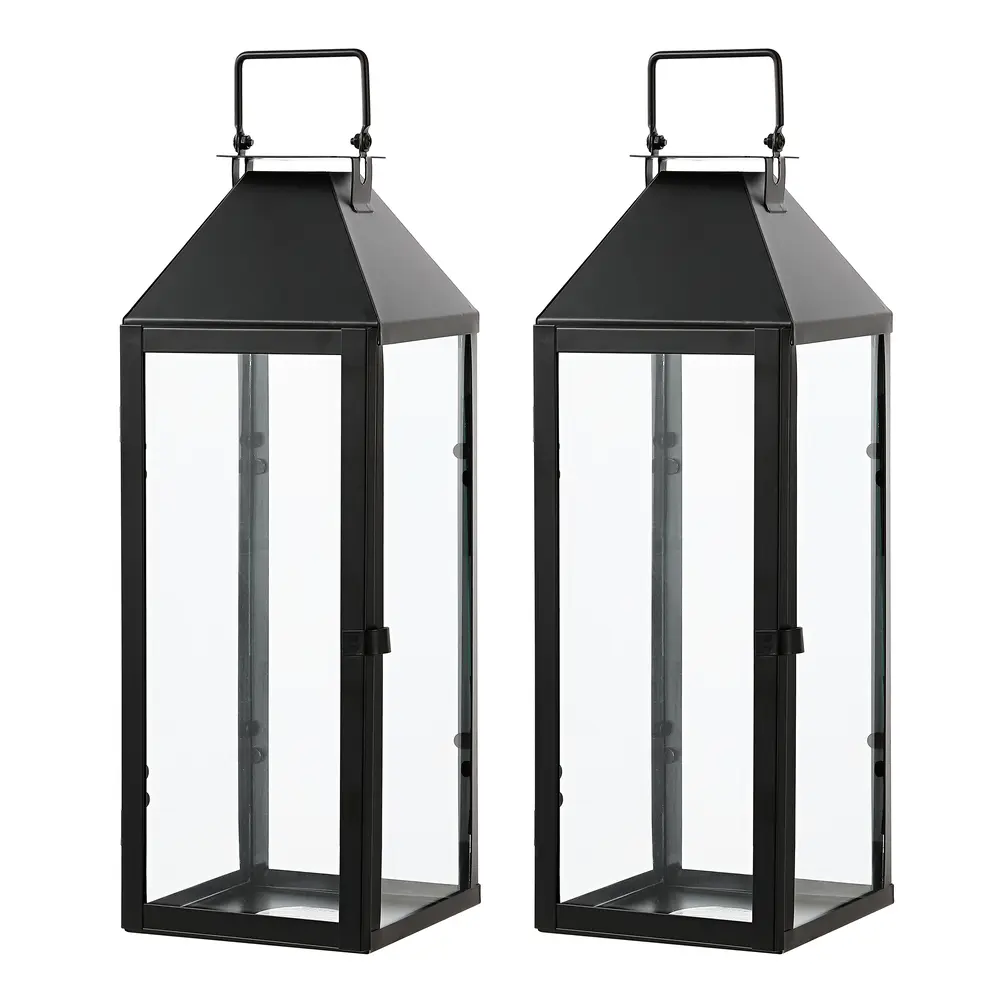 Ruane, 17.5 Inch Tall, Black, Iron/Glass Outdoor Lantern Set Of 2