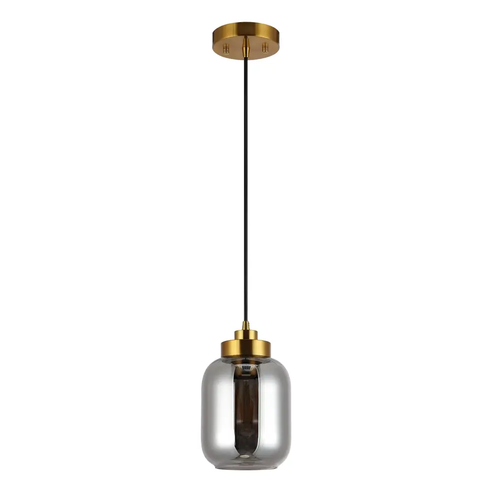 Ethyx, 6 Inch, Smoke Grey/Brass, Glass/Iron Pendant