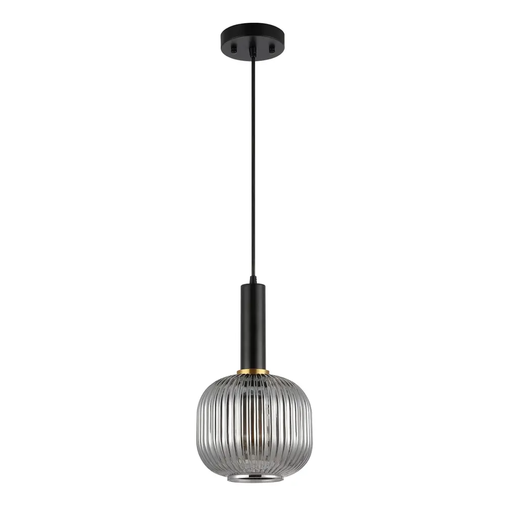 Rynner, 8 Inch, Smoke Grey/Black, Glass/Iron Pendant