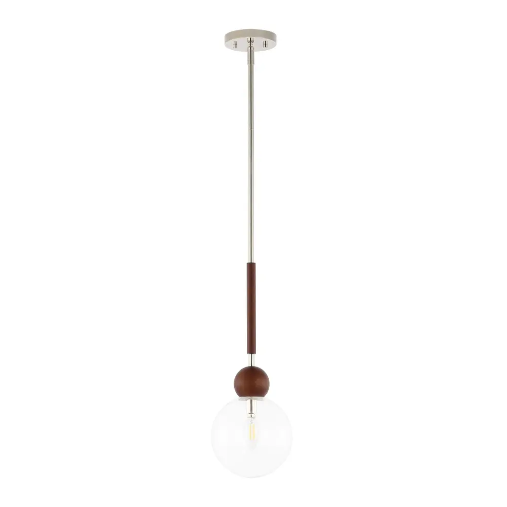 Roxora, 7 Inch, Dark Walnut/Nickle, Iron/Solid Wood/Glass Extendable Pendant
