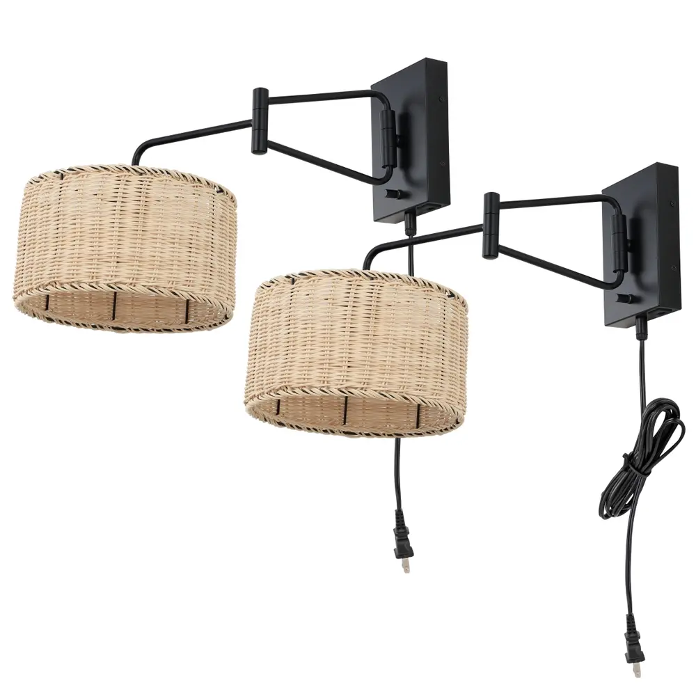Bramley, 21 Inch, Natural/Black, Rattan/Iron Wall Sconce Set Of 2 ?W/ Usb Port?