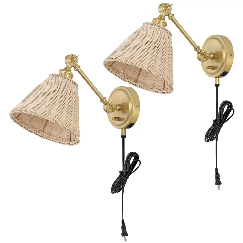 Oswynn, 15 Inch, Natural/Brass, Rattan/Iron Wall Sconce Set Of 2 W/ Usb Port?