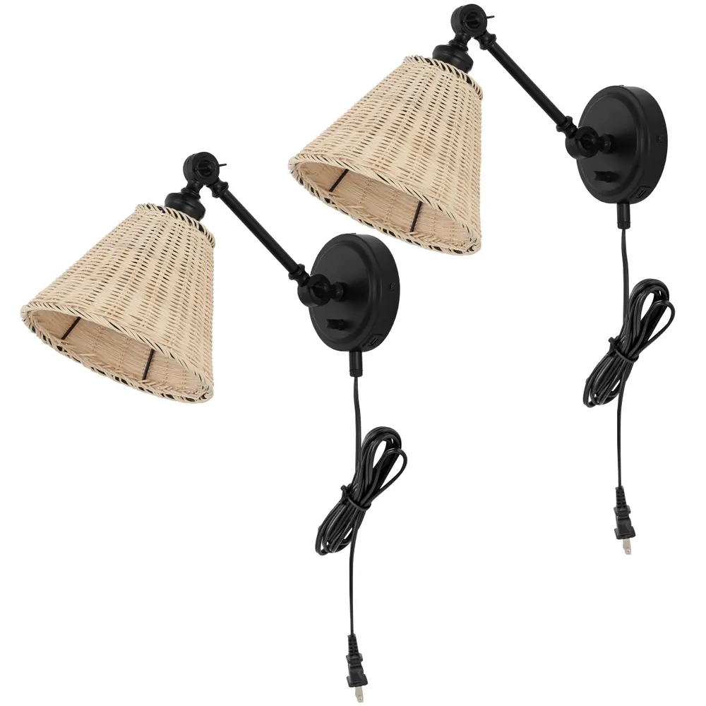 Oswynn, 15 Inch, Natural/Black, Rattan/Iron Wall Sconce Set Of 2 W/ Usb Port?
