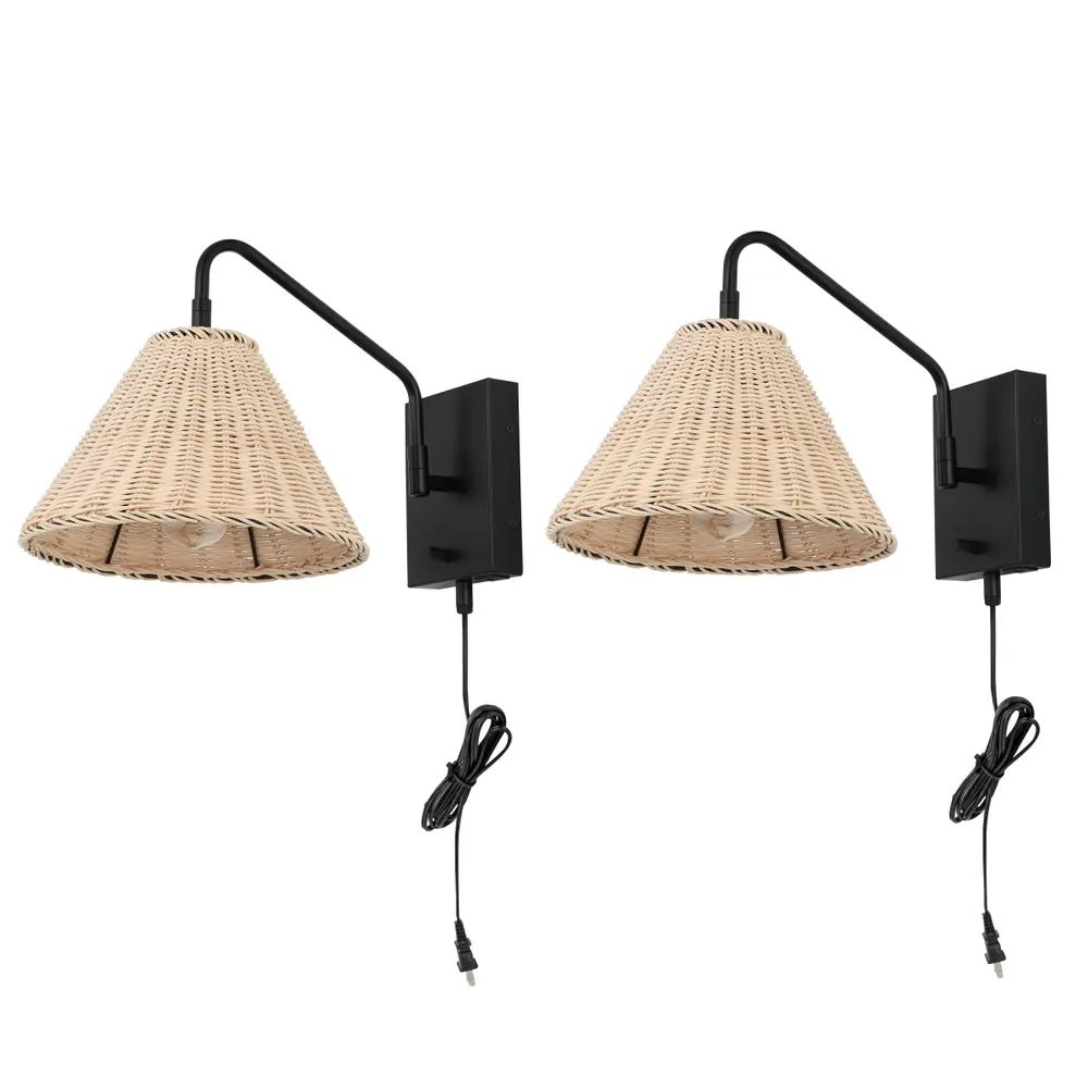Tressa, 16 Inch, Natural/Black, Rattan/Iron Wall Sconce Set Of 2 W/ Usb Port?