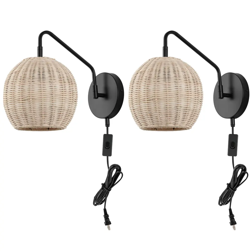 Grigory, 15 Inch, Natural/Black, Rattan/Iron Wall Sconce Set Of 2?