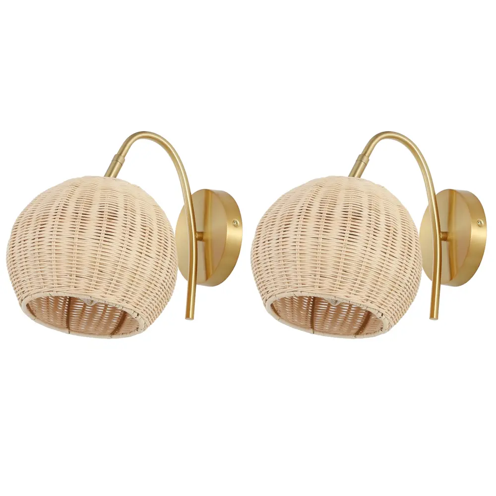 Nahum, 8.5 Inch, Natural/Brass, Rattan/Iron Wall Sconce Set Of 2