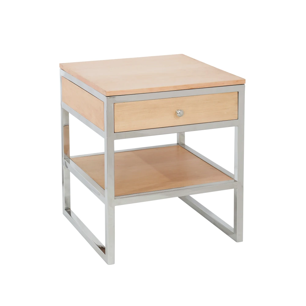 Pasargad Home Haven Wood and Stainless Steel Modern Side Table with Drawer