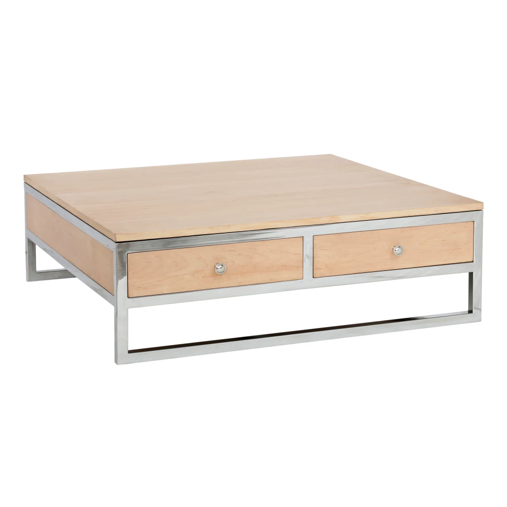 Pasargad Home Arden Square Modern Coffee Table with 2 Drawers, Light Wood Top & Cream/Silver Stainless Steel Frame