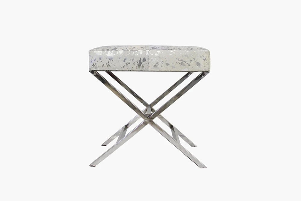 Pasargad Home Safari Silver Foil Cowhide Bench with Stainless Steel X-Legs