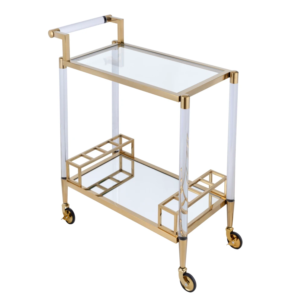 Pasargad Home Glacia Modern 2-Tier Lucite and Metal Bar Cart with Glass Shelves, Gold