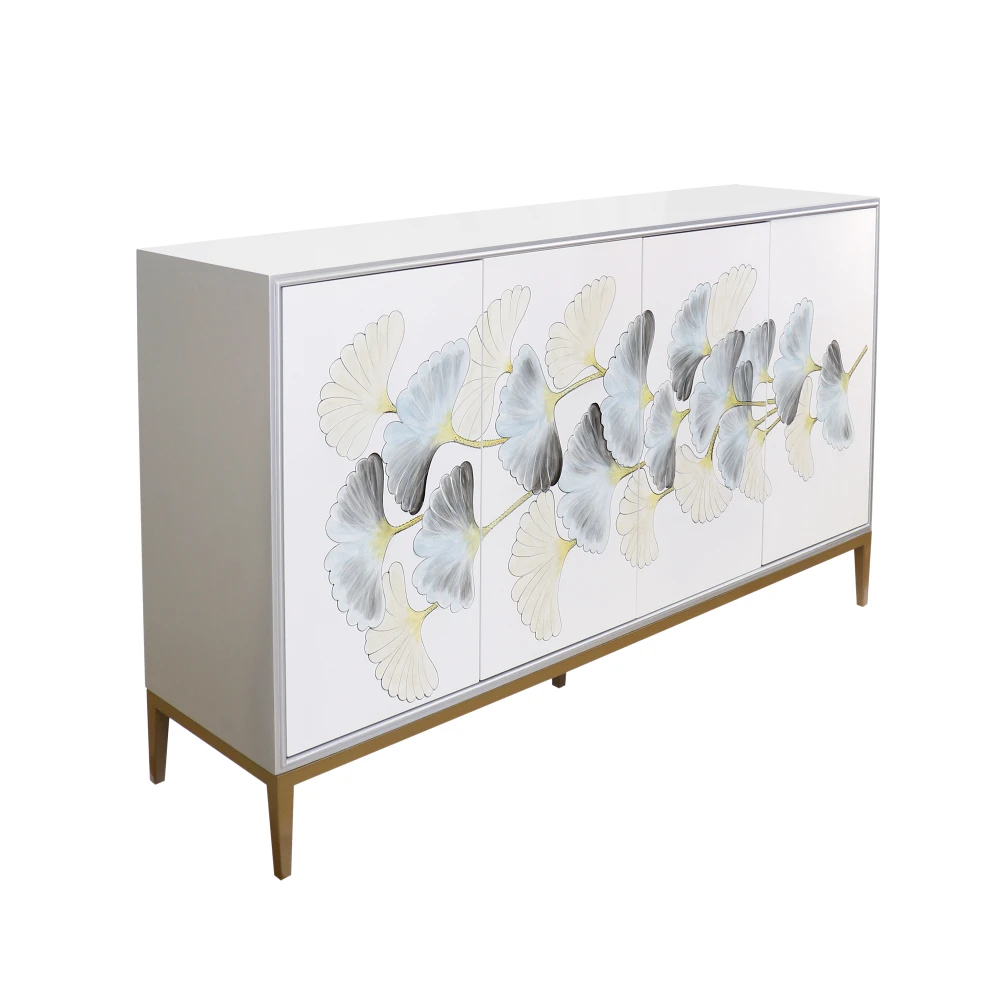 Pasargad Home Annabelle Sideboard with 4 Floral Doors, 2 Drawers with Bronze Metal Frame, Silver