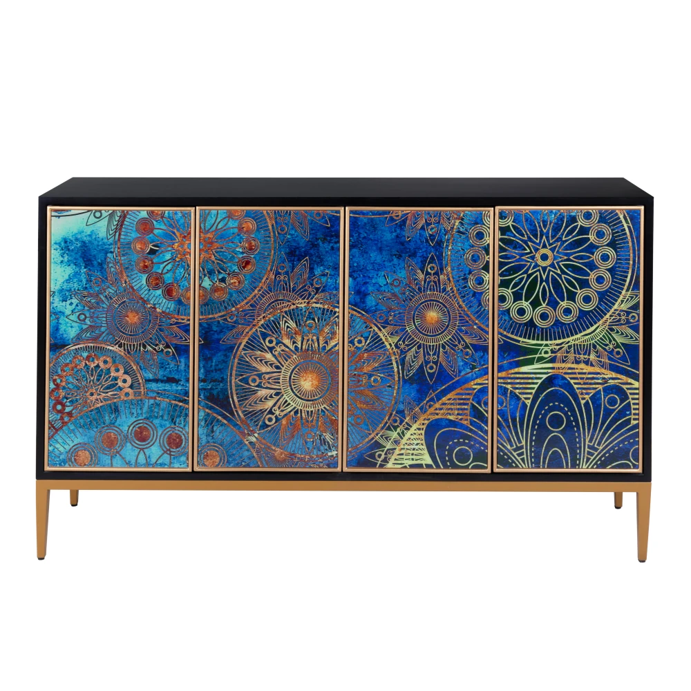 Pasargad Home Eclipta 4-Door Modern Sideboard with Black Finish & Gold Metal Legs