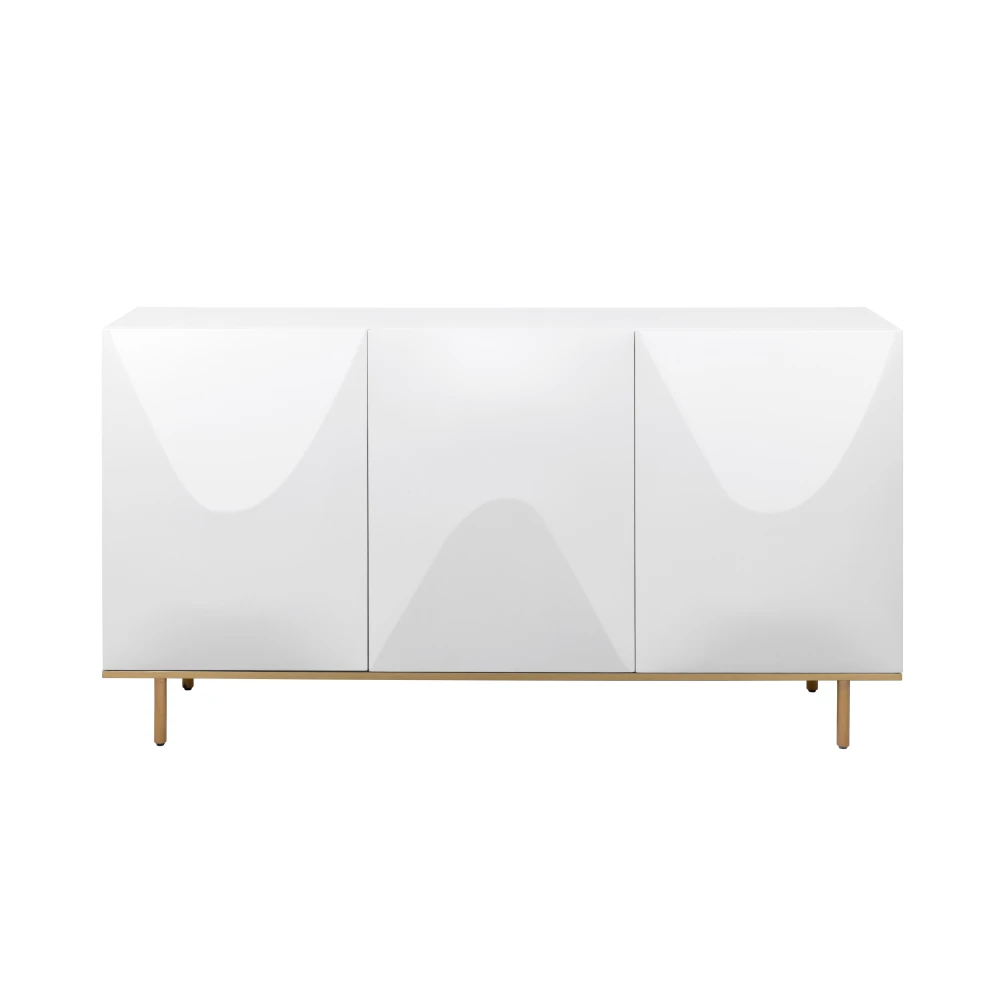Pasargad Home Polara White Sideboard with Geometric Doors with Gold Metal Legs & Adjustable Shelves