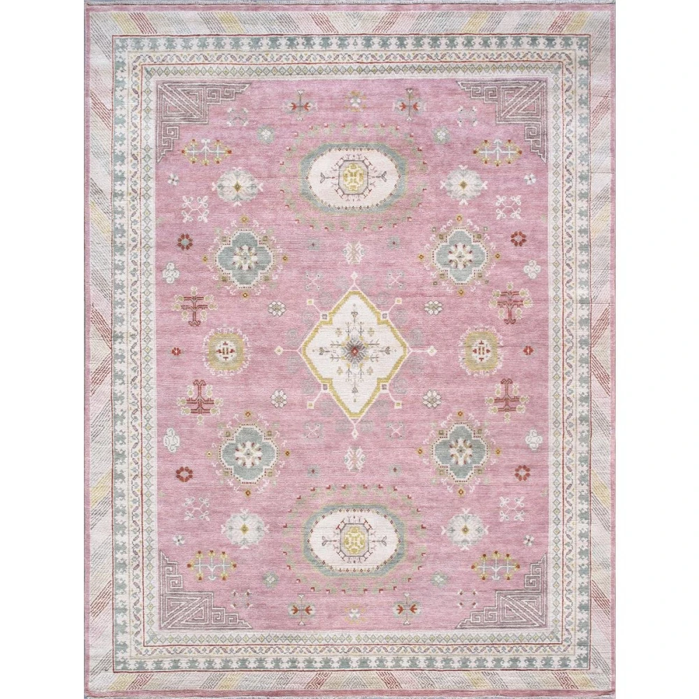 Pasargad Home Khotan Hand-Knotted Pink/Beige Wool Area Rug- 9' 2'' X 11'11''
