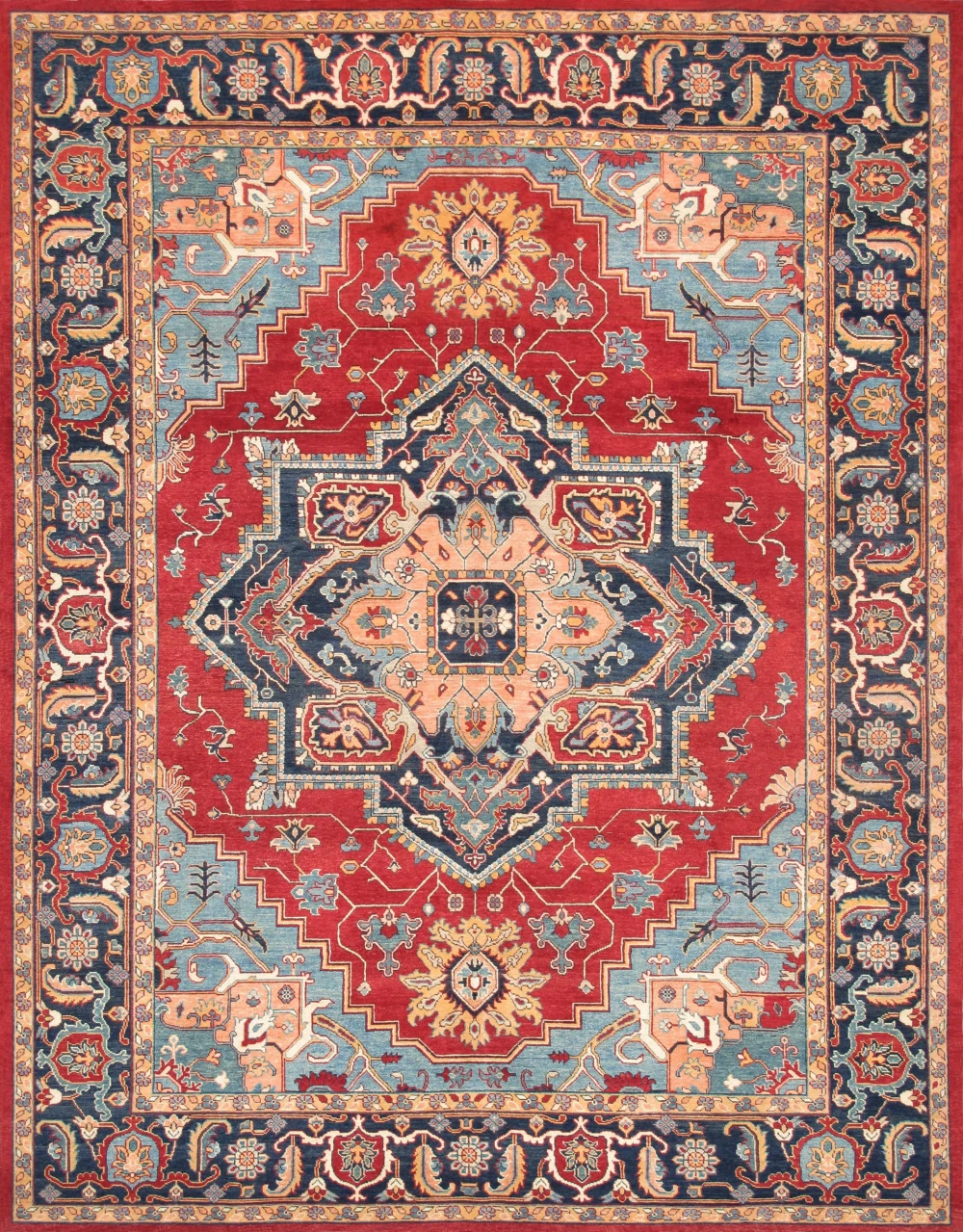 Pasargad Home Serapi Hand-Knotted Red/Navy Wool Area Rug- 9' 0'' X 11' 7''