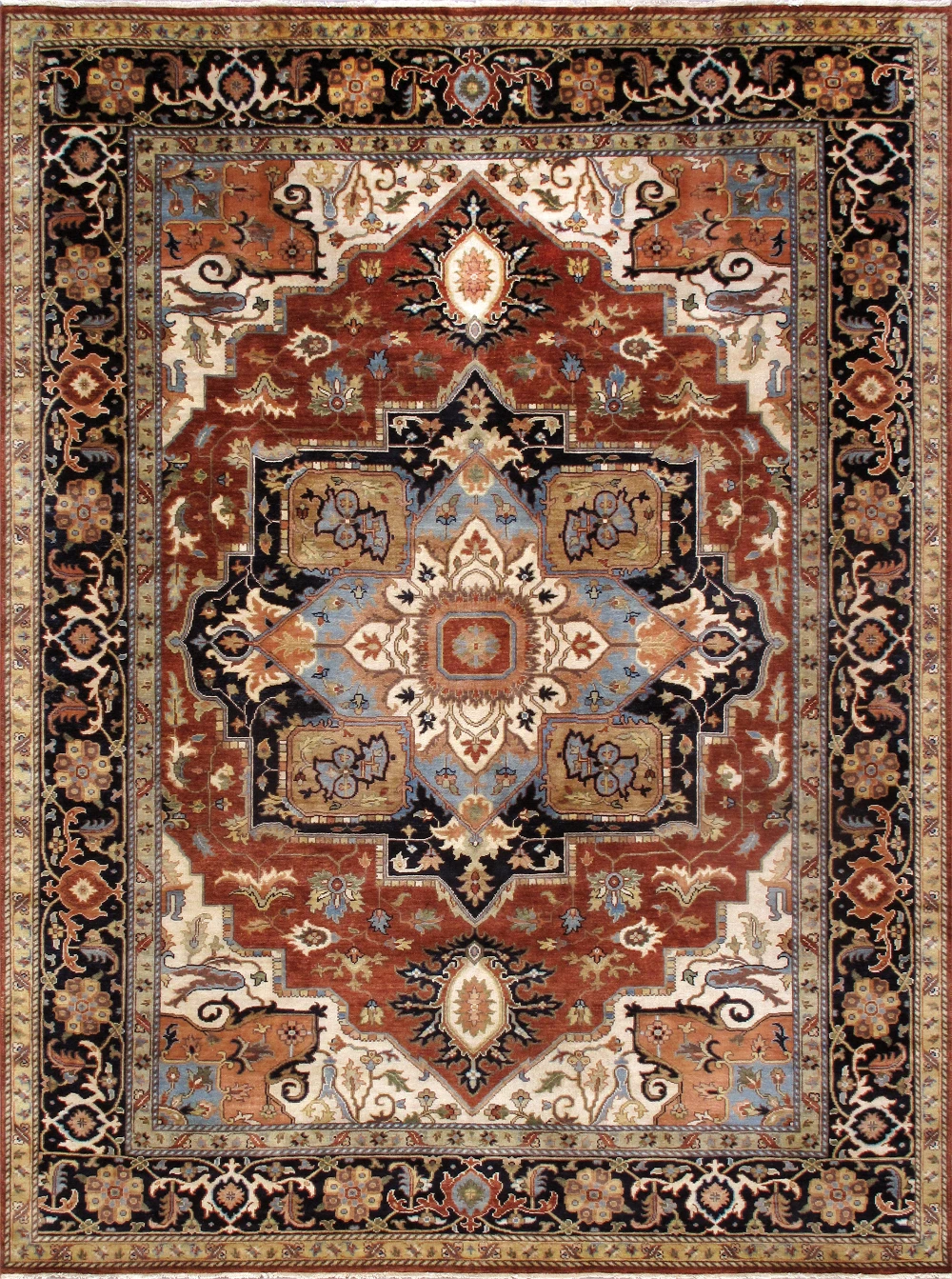 Pasargad Home Serapi Hand-Knotted Rust/Navy Wool Area Rug- 9' 9'' X 9'10''