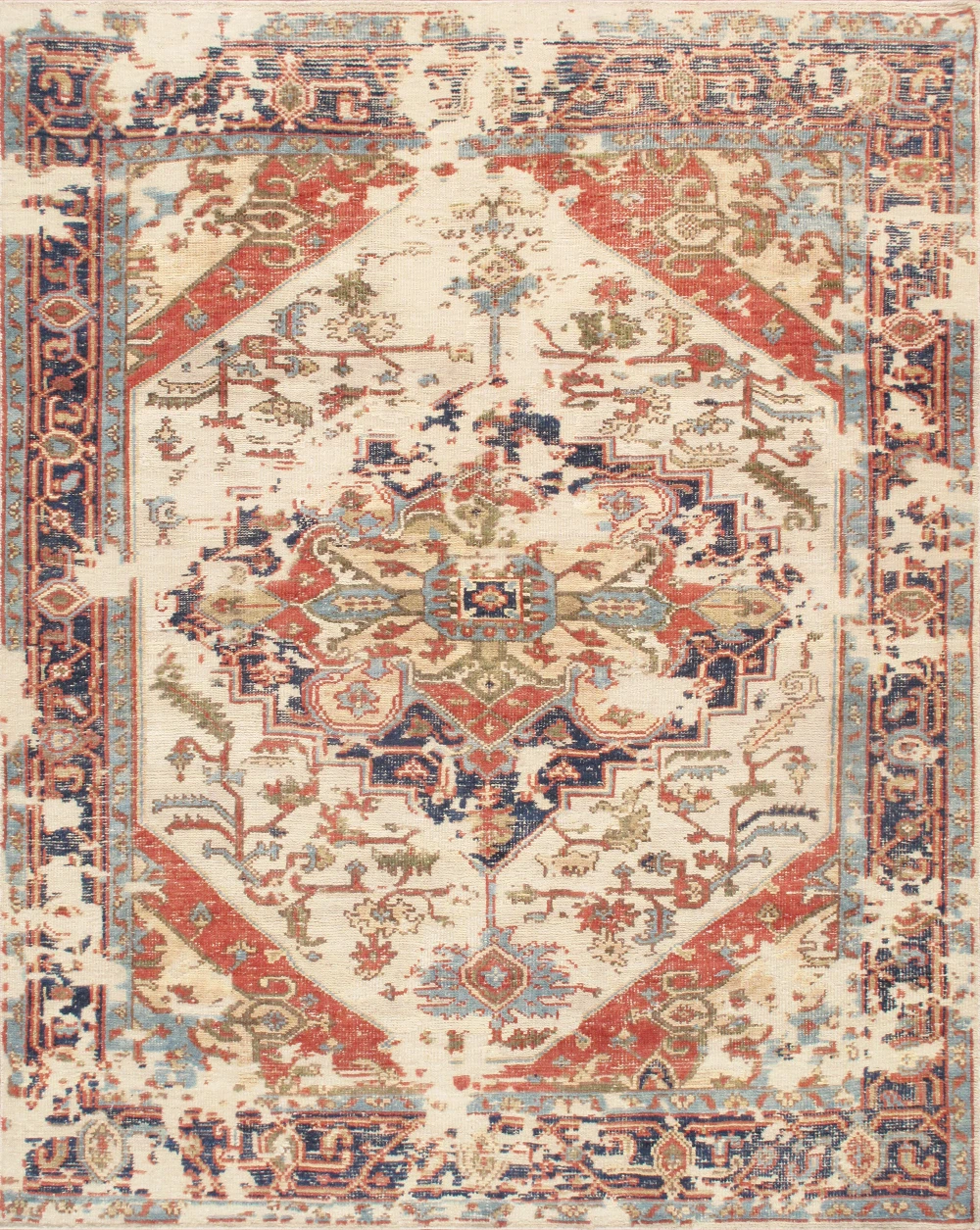 Pasargad Home Serapi Hand-Knotted Ivory/Navy Wool Area Rug- 6' 2'' X 8' 9''